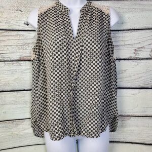 Heartloom Lace Back Sleeveless Blouse Large Black Beige Geo Print